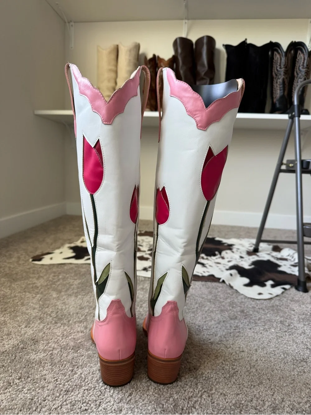 Women's Pink & White Floral Western Knee-High Boots